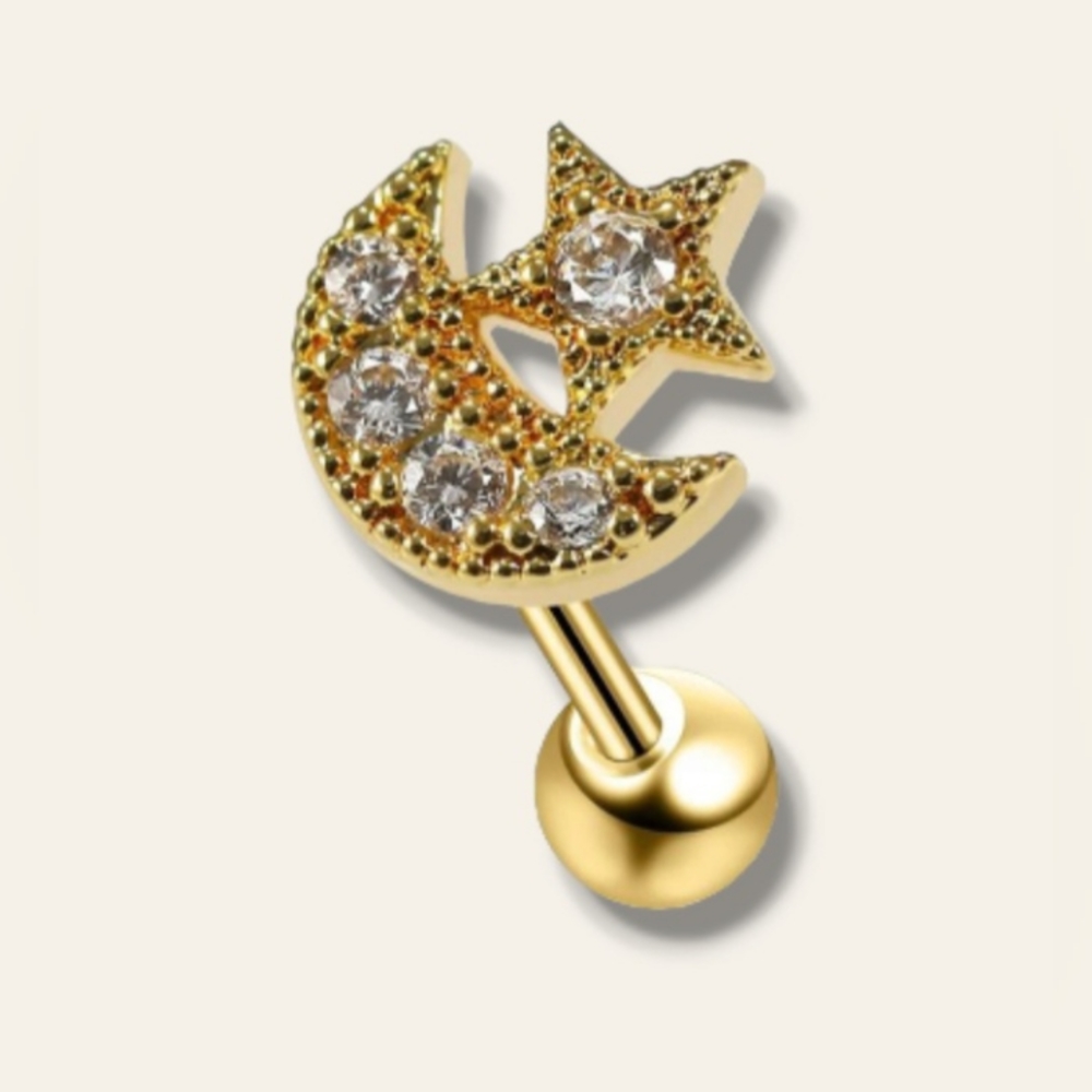 Ear cartilage piercing, 316L surgical steel, with CZ stone and star, moon/star